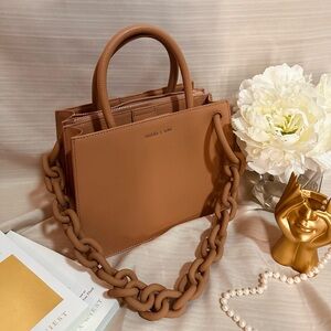 Charles & Keith Tan Satchel with Chain Detail